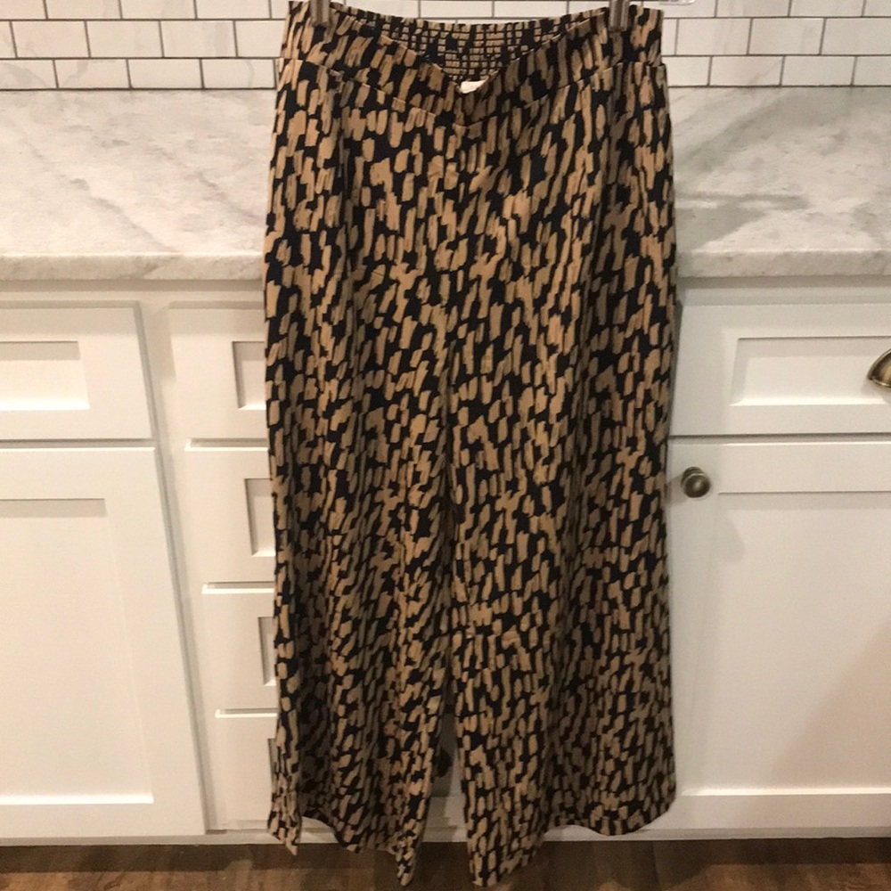 New Jodifl Pants Womens Large Tan Black Wide Leg Silky Bohemian Lagenlook Classy